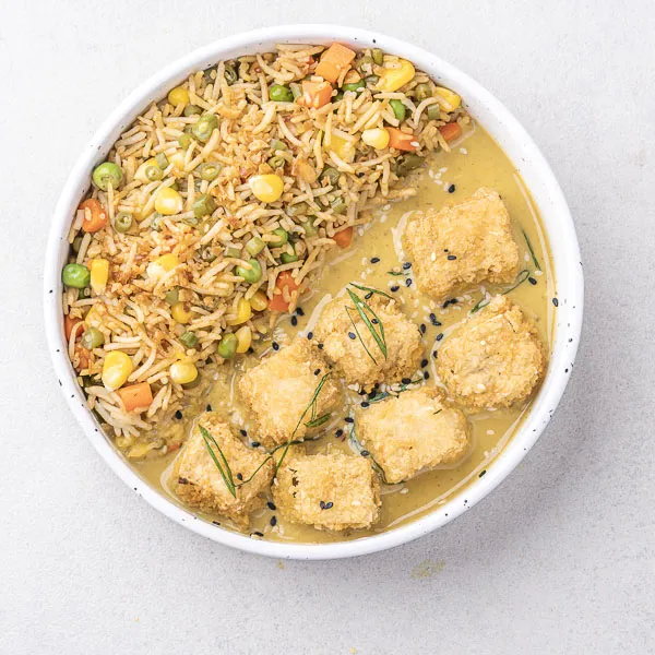 Fried Tofu Katsu Curry with Burnt Garlic Rice